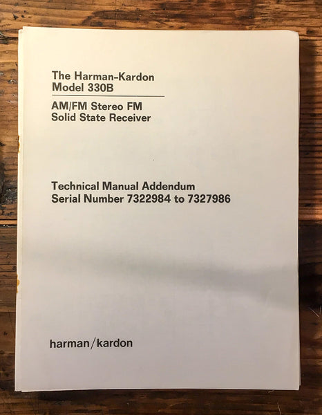 Harman Kardon HK Model 330B 330 B  Service Manual Addendum *Original*