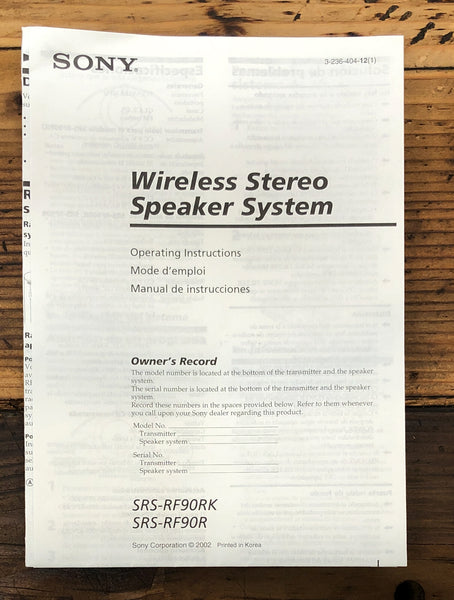 Sony SRS-RF90 R RK Speaker  Owner / User Manual *Original*