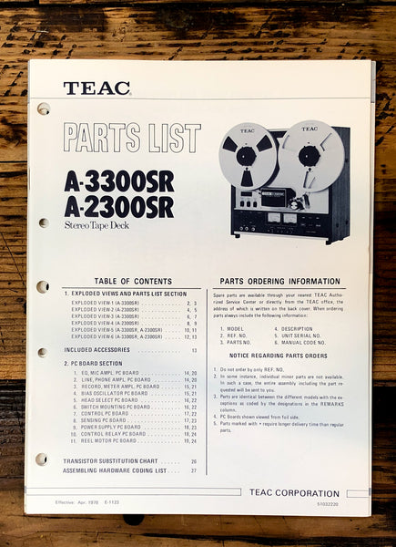 Teac A-2300SR A-3300SR Reel to Reel Parts List Manual *Original*