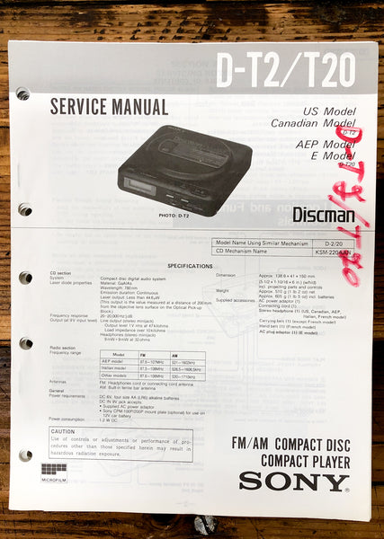 Sony D-T2 D-T20 CD Player / Discman  Service Manual *Original*