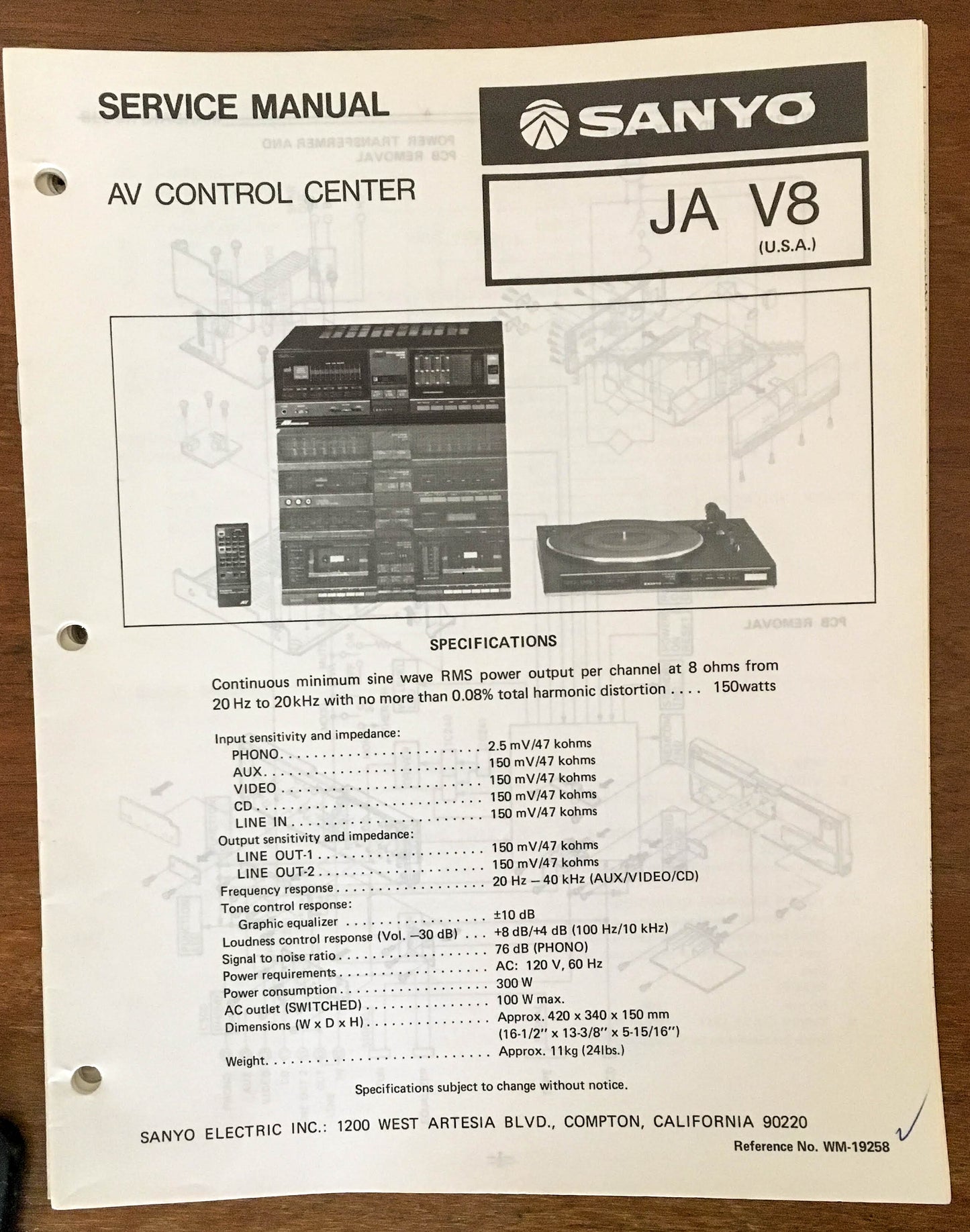 Sanyo JA V8 Stereo Control Center Service Manual *Original*