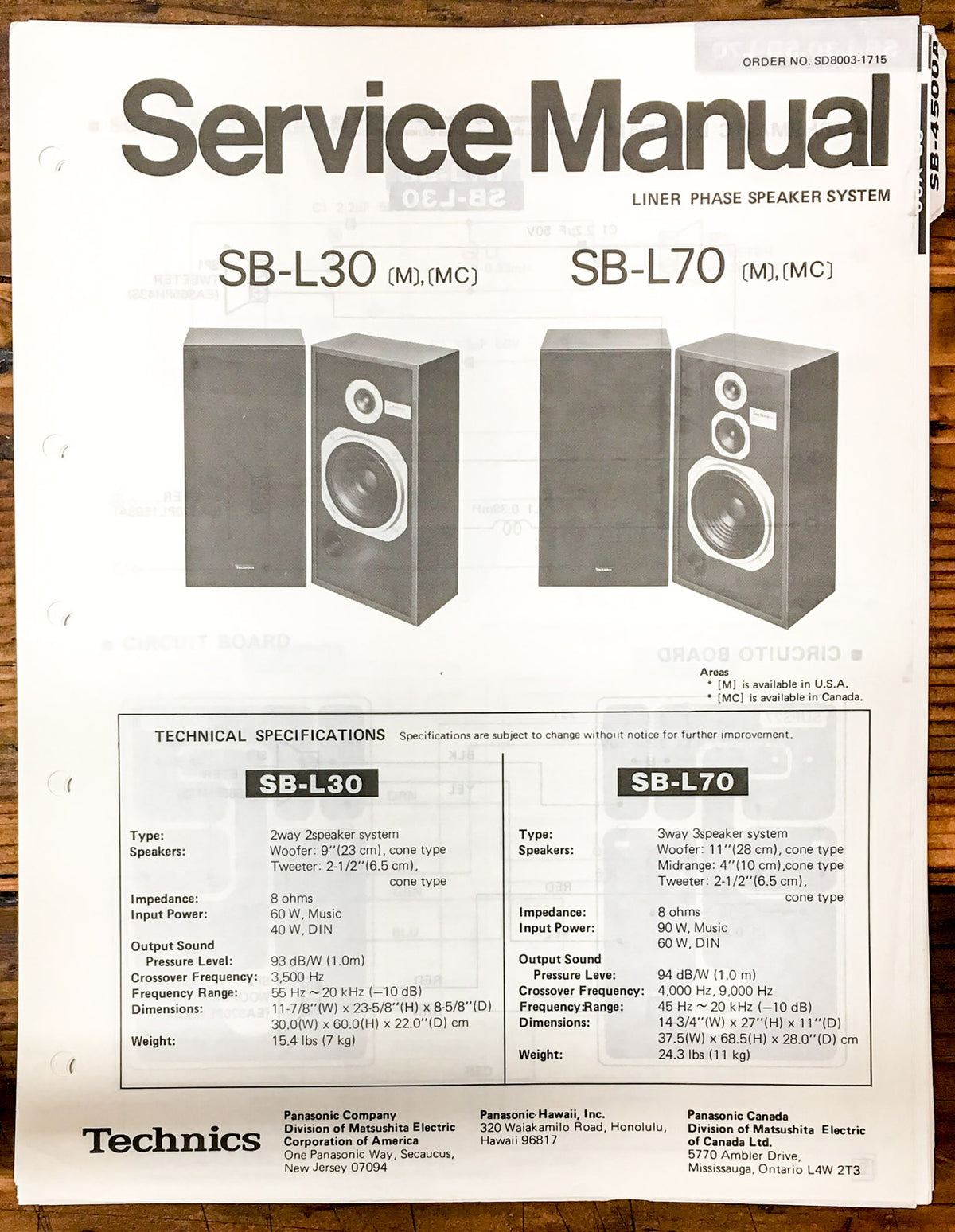 Technics SB-L30 SB-L70 Speaker  Service Manual *Original*