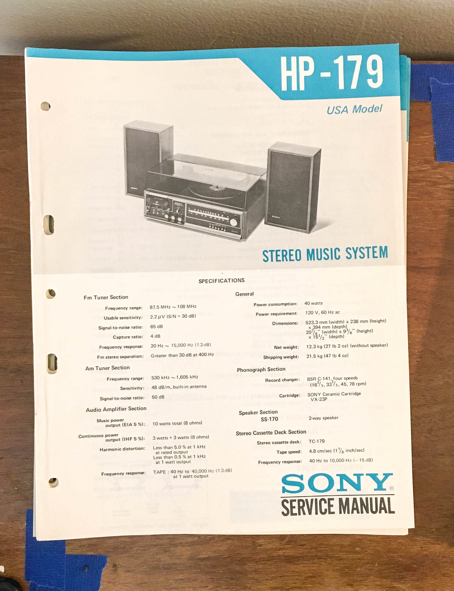 Sony HP-179 Stereo Music System Service Manual *Original*