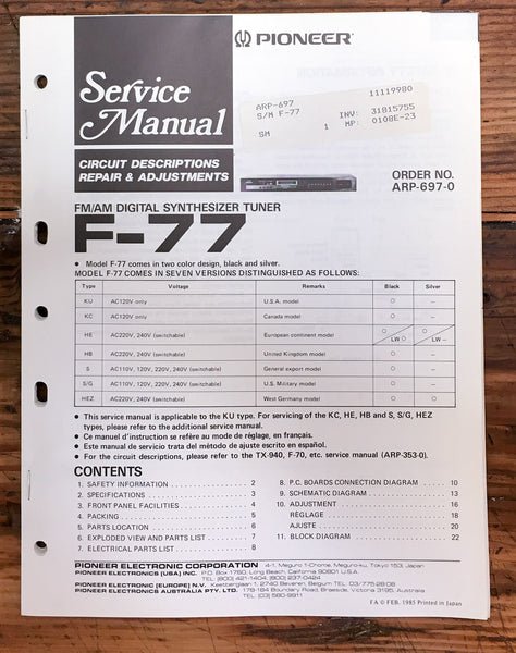 Pioneer F-77 Tuner  Service Manual *Original*