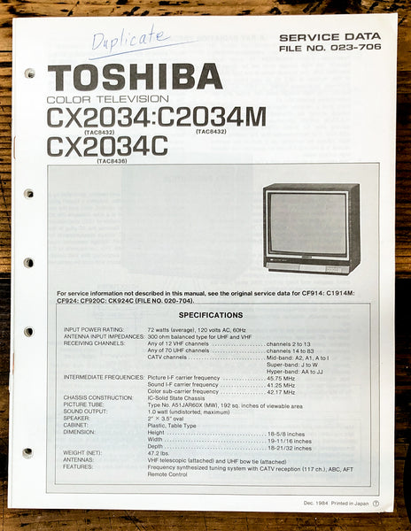 Toshiba CX2034 CX2034M CX2034C TV Television Service Manual *Original* #2
