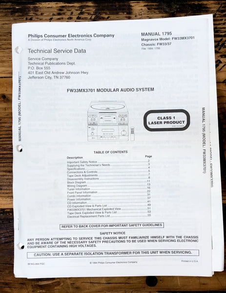 Magnavox / Philips FW33MX3701 FW33MX  Stereo  Service Manual *Original*