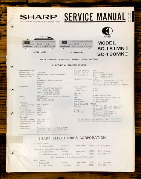 Sharp SG-181 MKII SC-180 MKII Radio / Stereo System Service Manual *Original*