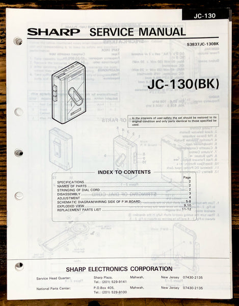Sharp JC-130 Cassette Service Manual *Original*