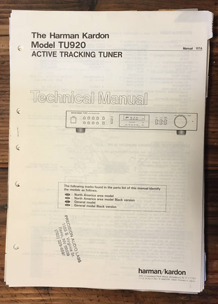 Harman Kardon HK TU920 TU-920 Tuner Service Manual *Original*