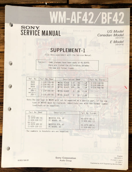 Sony WM-AF42 WM-BF42  Supp. Service Manual *Original*