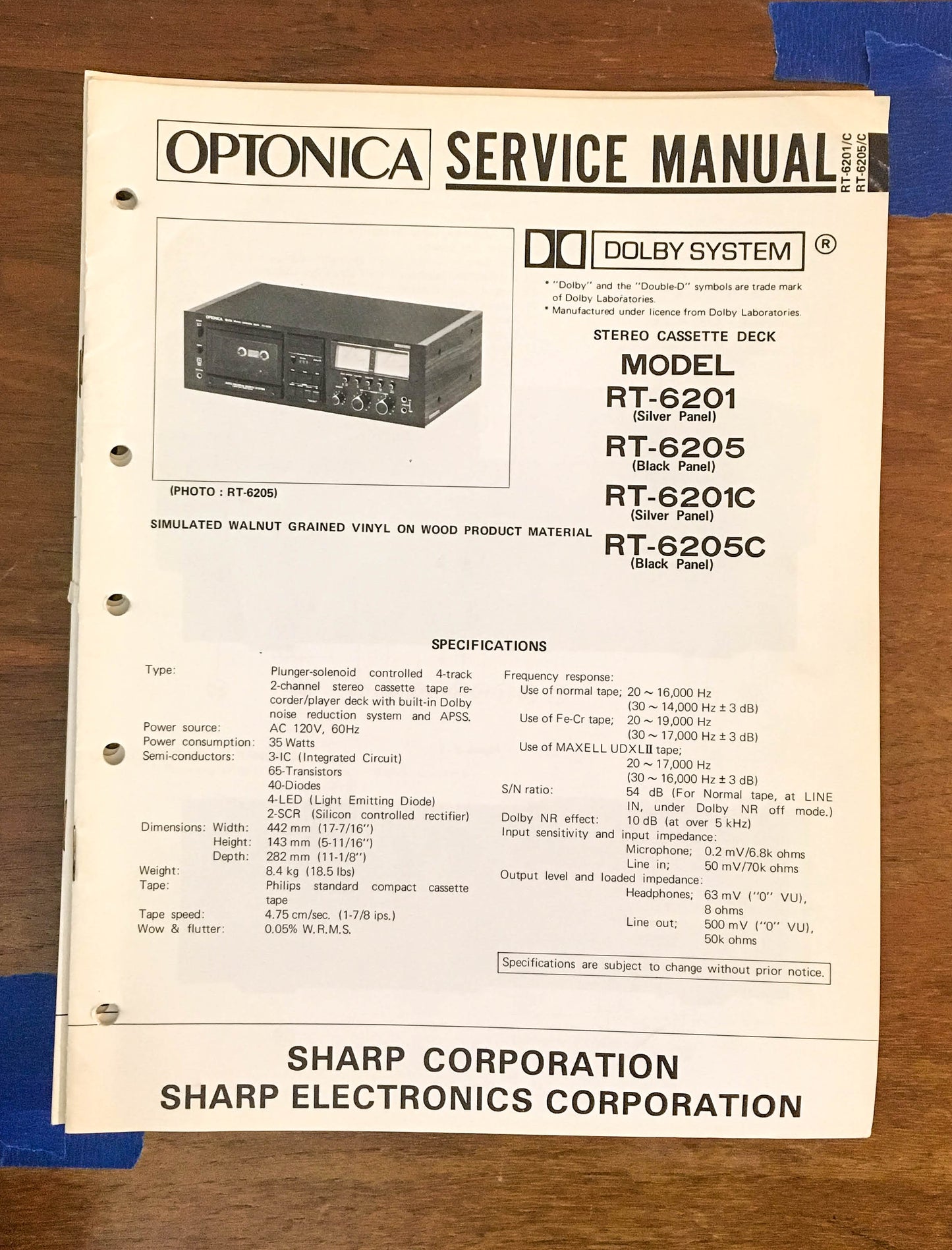 Sharp RT-6201 -6205  Cassette Tape Recorder Service Manual *Original*