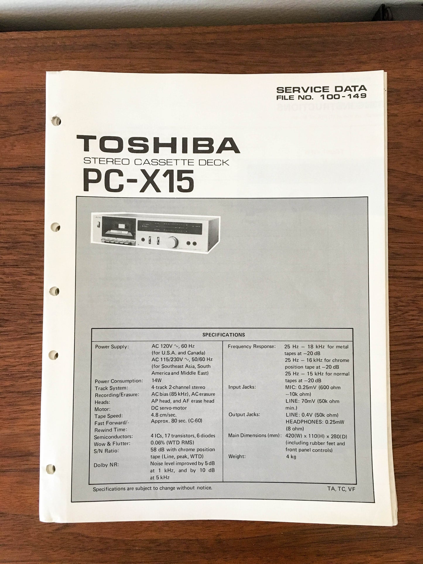 Toshiba PC-X15 Cassette Deck Service Manual *Original*