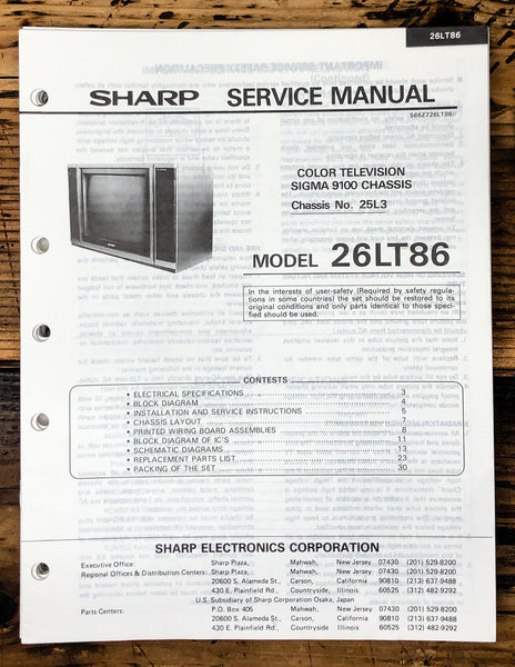 Sharp 26LT86 TV / Television Service Manual *Original*