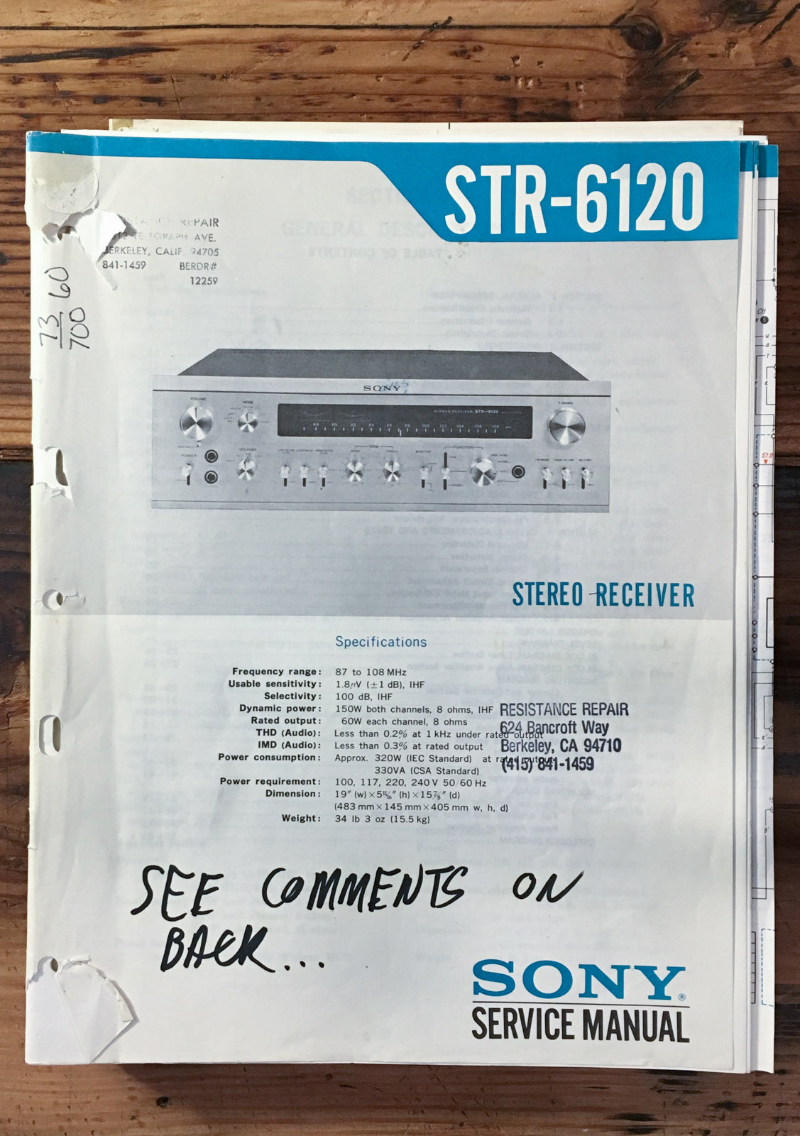 Sony STR-6120 Receiver  Service Manual *Original*