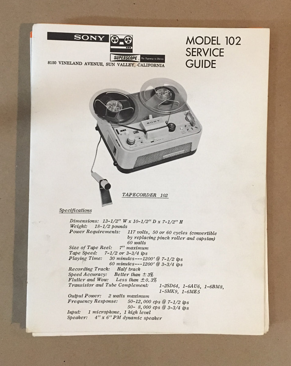 Sony TC-102 Tape Recorder Service Manual *Original* #2 – Vintage Audio ...