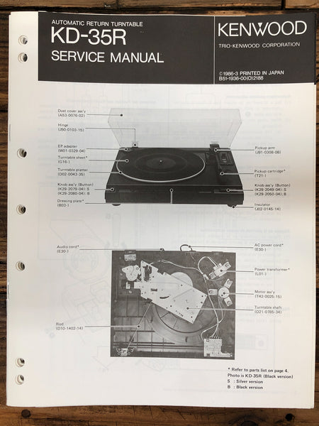 Kenwood KD-35R Record Player / Turntable  Service Manual *Original*
