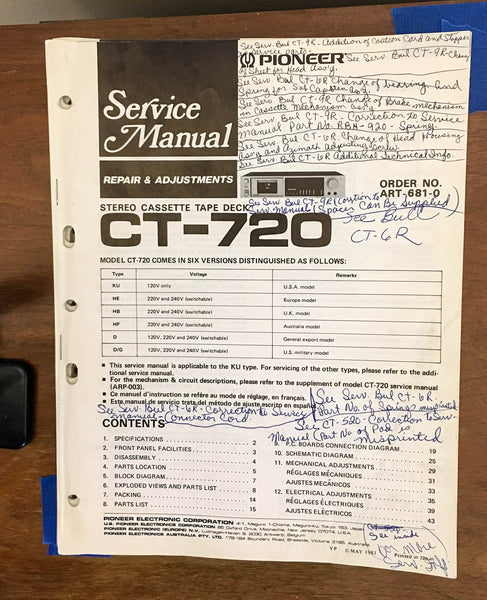 Pioneer CT-720 Cassette  Service Manual *Original*