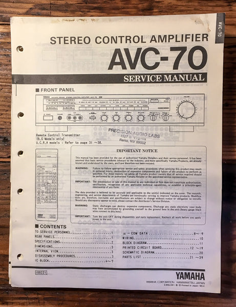 Yamaha AVC-70 AV Amplifier  Service Manual *Original*