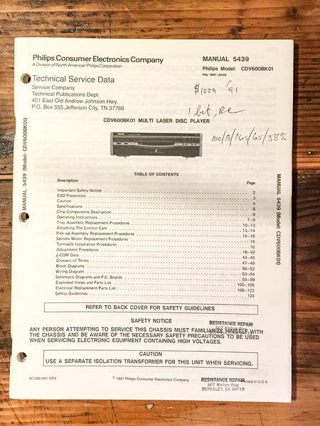 Philips CDV600 CDV-600 CD Player Service Manual *Original*