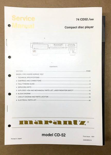 Marantz CD-52 CD52 CD Player Service Manual *Original*