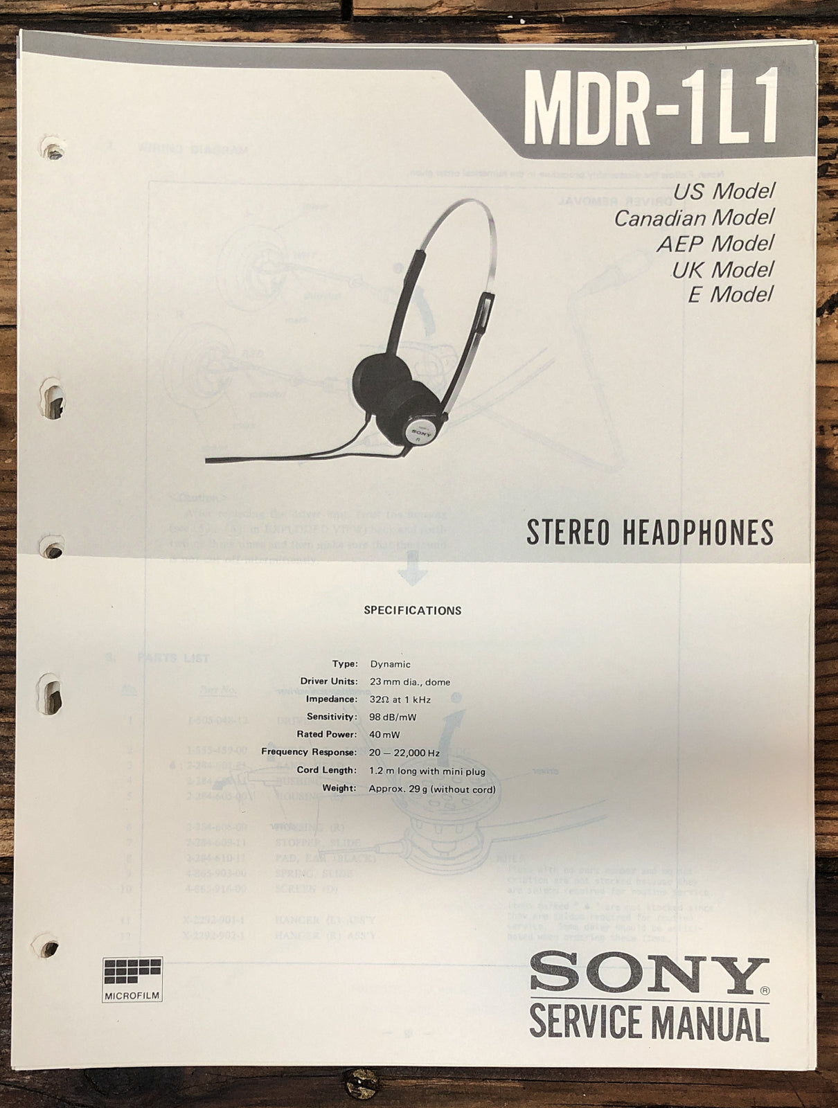 Sony MDR-1L1 Headphones  Service Manual *Original*
