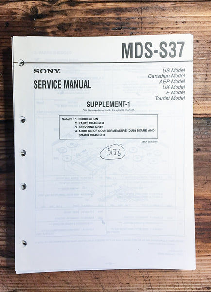 Sony MDS-S37 Mini Disc MD Recorder  Service Manual Supplement 1 *Original*