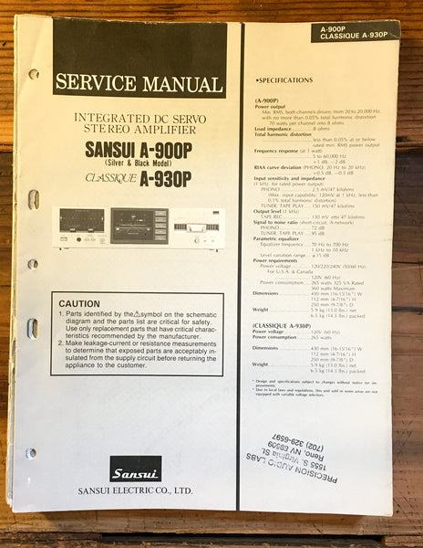 Sansui A-900P A-930P Amplifier Service Manual *Original*