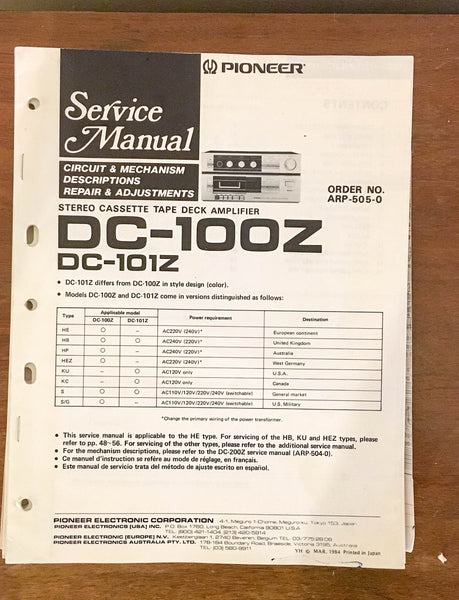 Pioneer DC-100Z 101Z TAPE DECK AMPLIFIER  Service Manual *Original*
