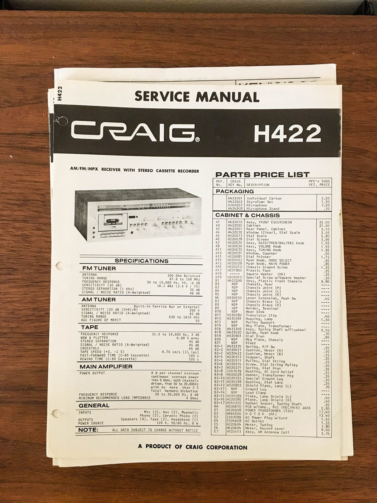 Craig H422 Cassette Stereo  Service Manual *Original*