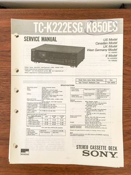 Sony TC-K222ESG TC-K850S Cassette Service Manual *Original*