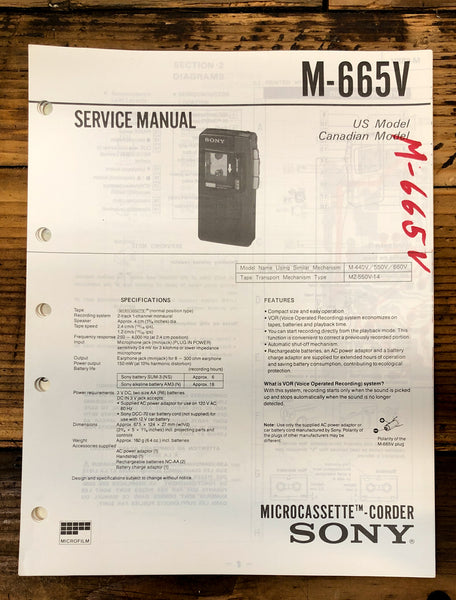 Sony M-665V Micro Cassette  Service Manual *Original*