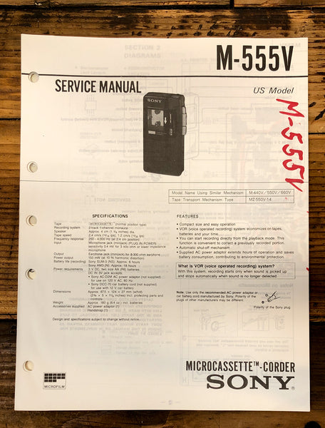 Sony M-555V Micro Cassette  Service Manual *Original*