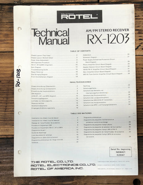 Rotel RX-1203 Receiver  Service Manual *Original*