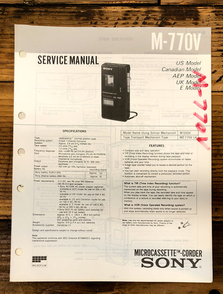 Sony M-770V Micro Cassette  Service Manual *Original*