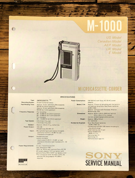 Sony M-1000 Micro Cassette  Service Manual *Original*