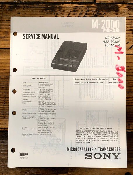 Sony M-2000 Micro Cassette  Service Manual *Original*