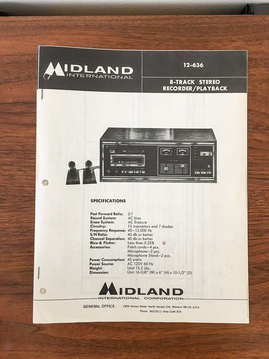 Midland 12-636 8 Track Stereo Service Manual *Original*