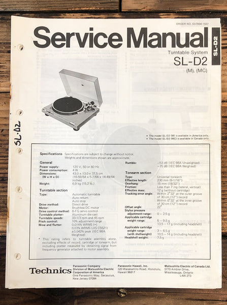 Technics SL-D2 Record Player / Turntable  Service Manual *Original*