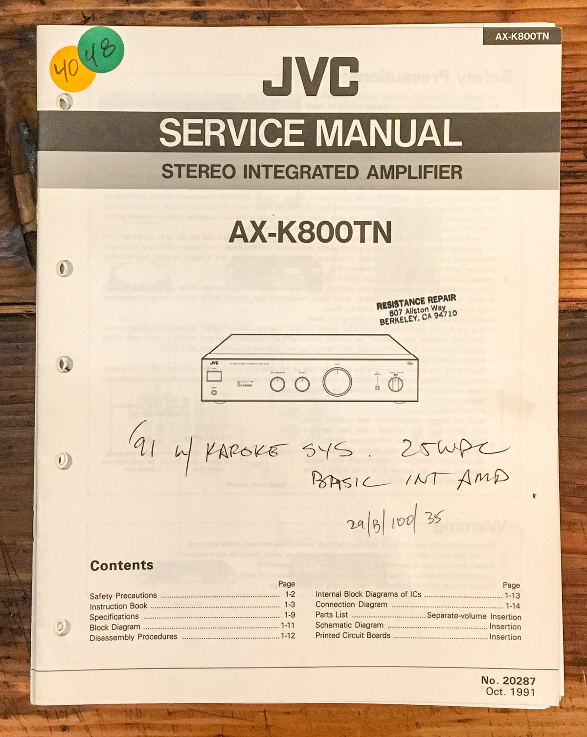 JVC AX-K800TN AX-K800 TN Amplifier  Service Manual *Original*
