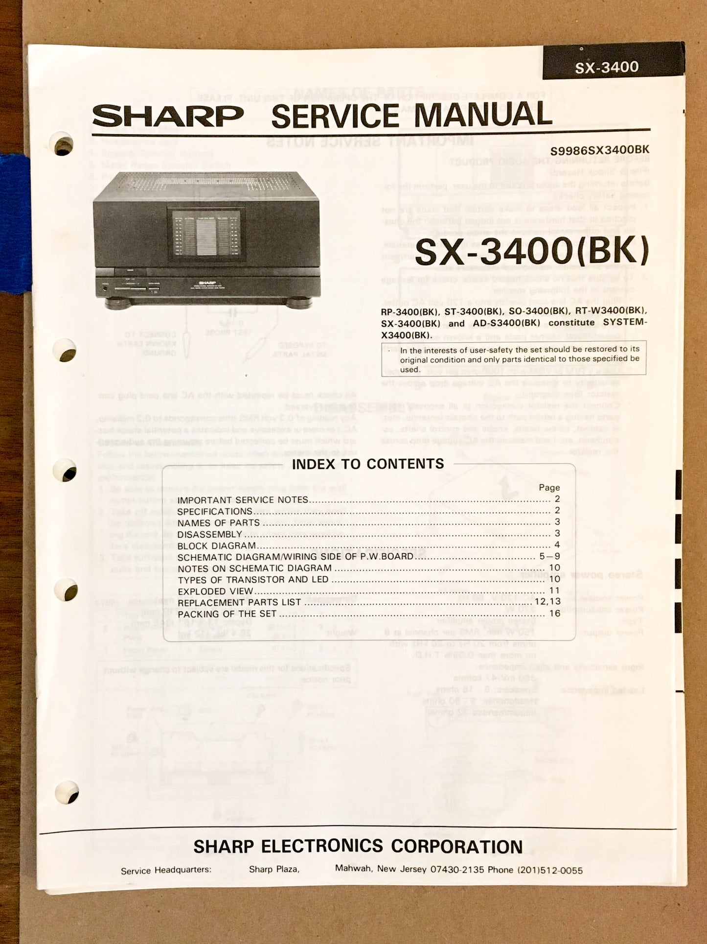 Sharp SX-3400 Stereo  Service Manual *Original*