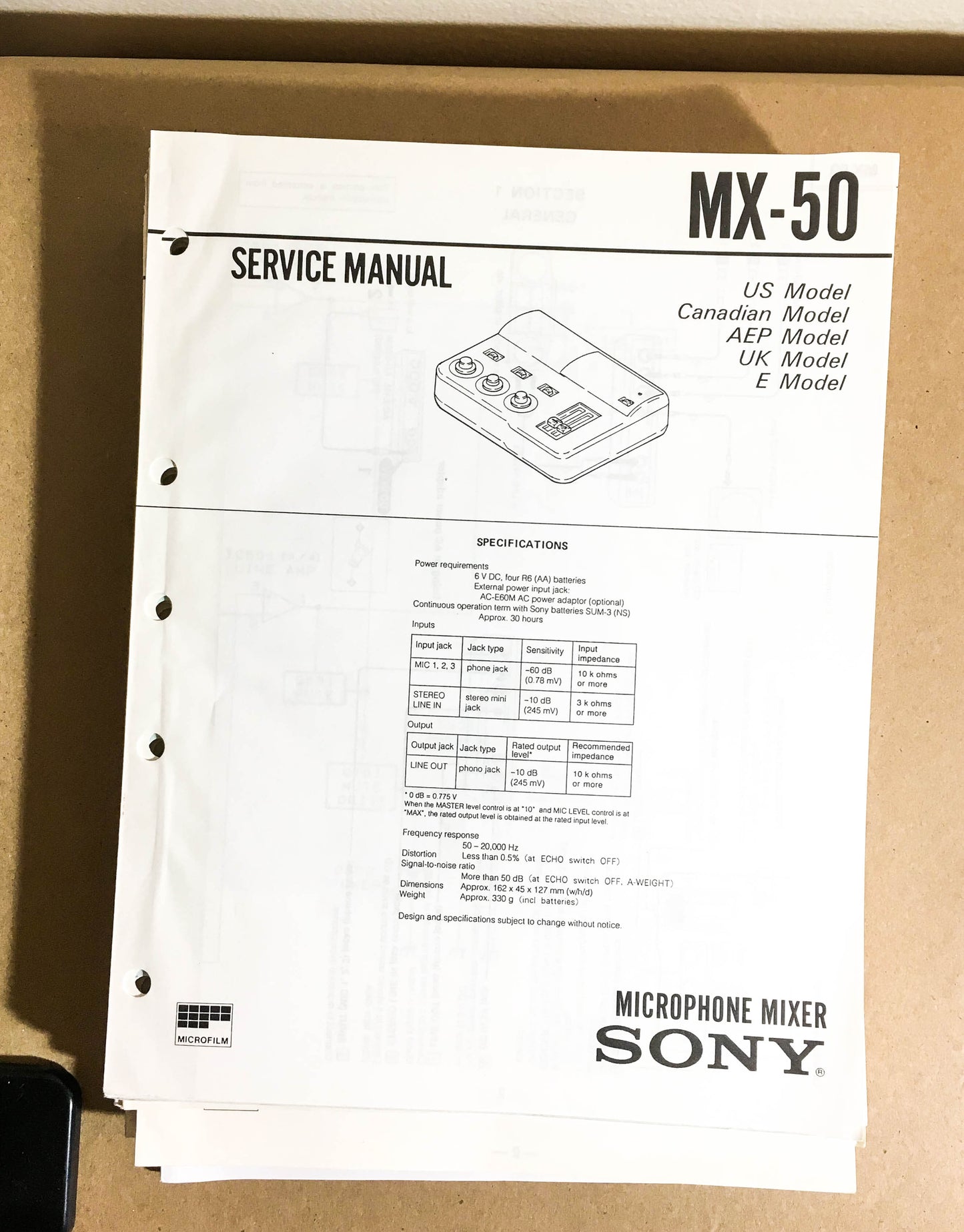 Sony MX-50 Microphone Mixer  Service Manual *Original*