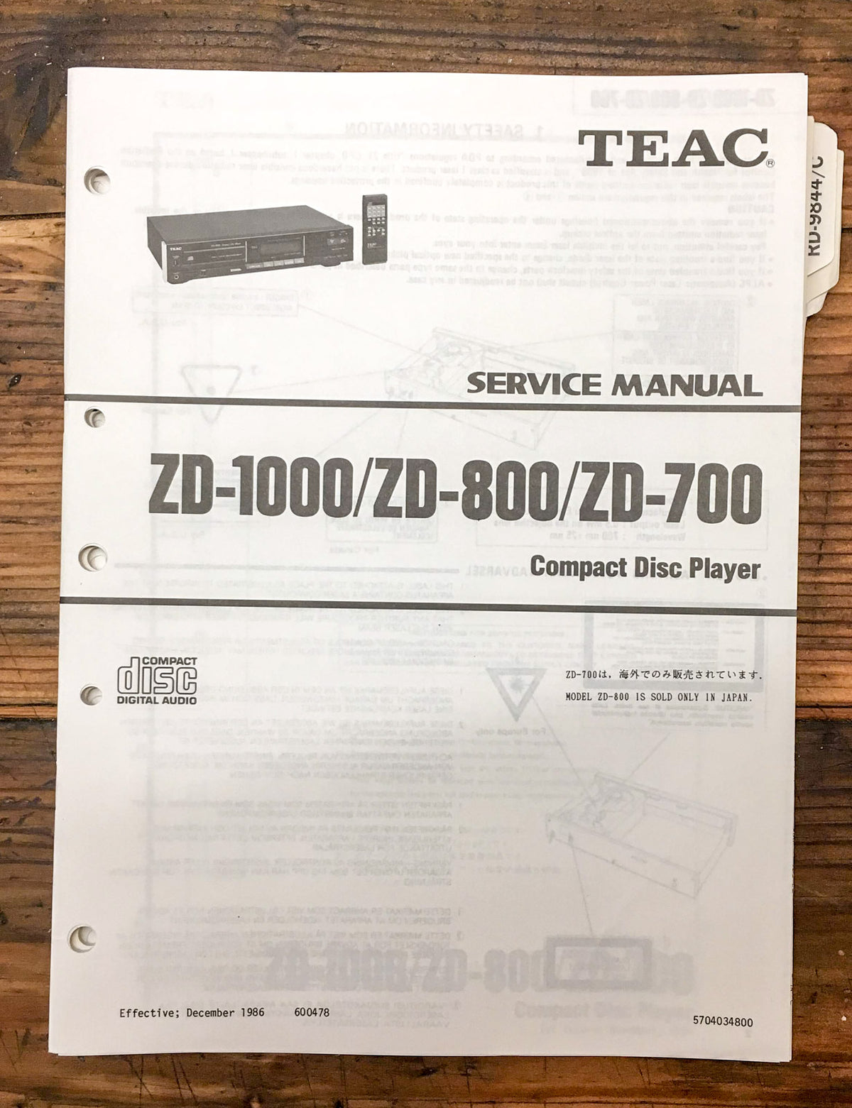 Teac ZD-700 ZD-800 ZD-1000 CD Player  Service Manual *Original*