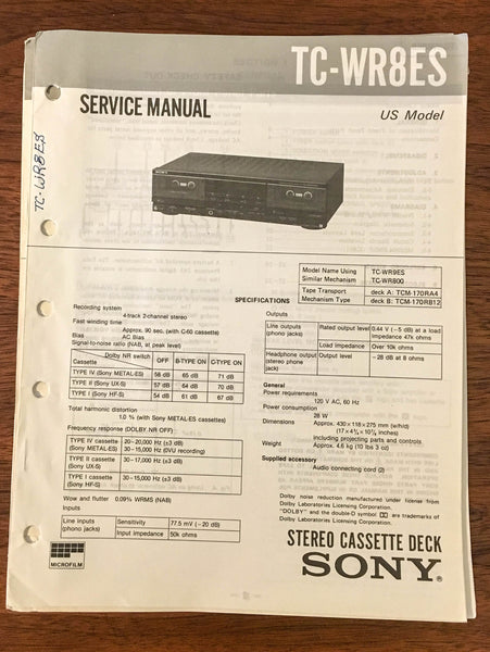 Sony TC-WR8ES Tape Cassette Service Manual *Original*