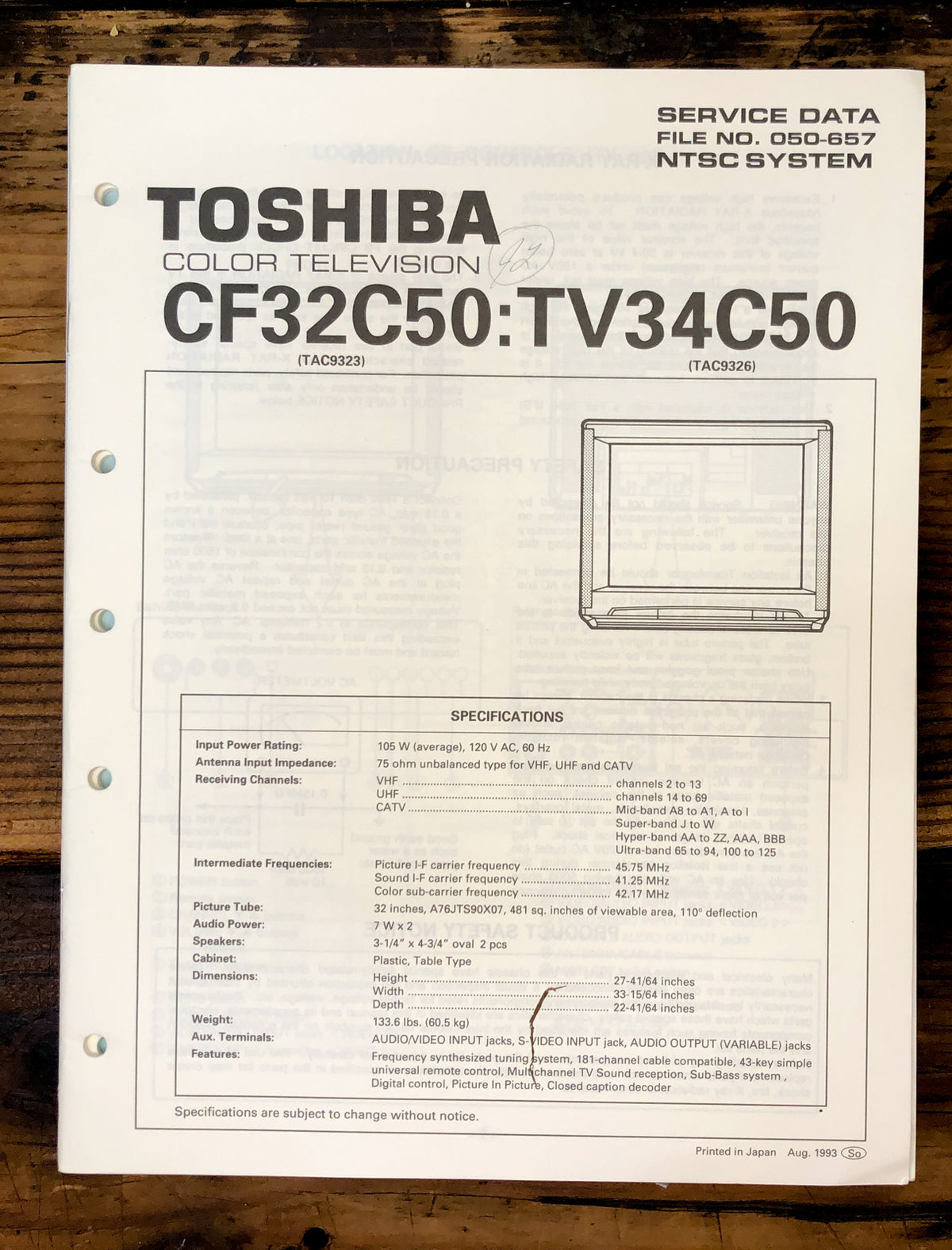 Toshiba CF32C50 TV34C50 TV  Service Manual *Original*
