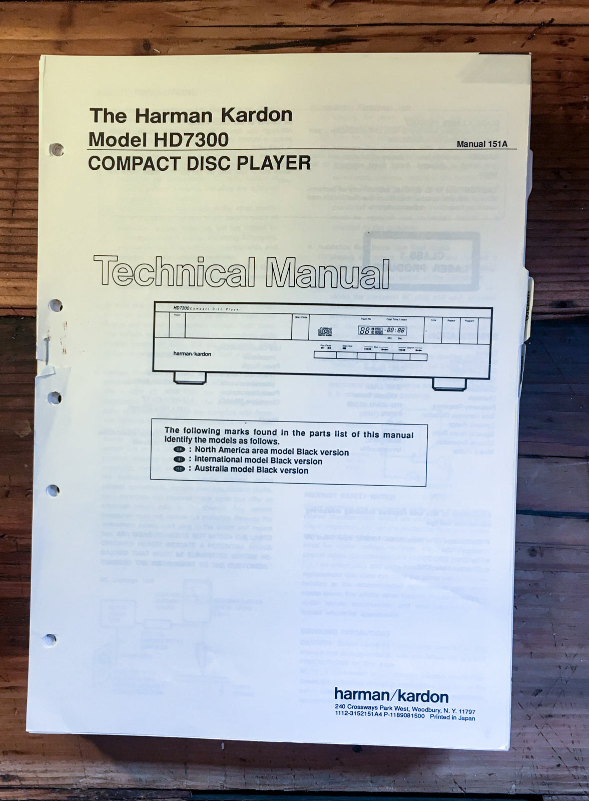 HK Harman Kardon HD7300 HD-7300 CD Player Service Manual *Original*