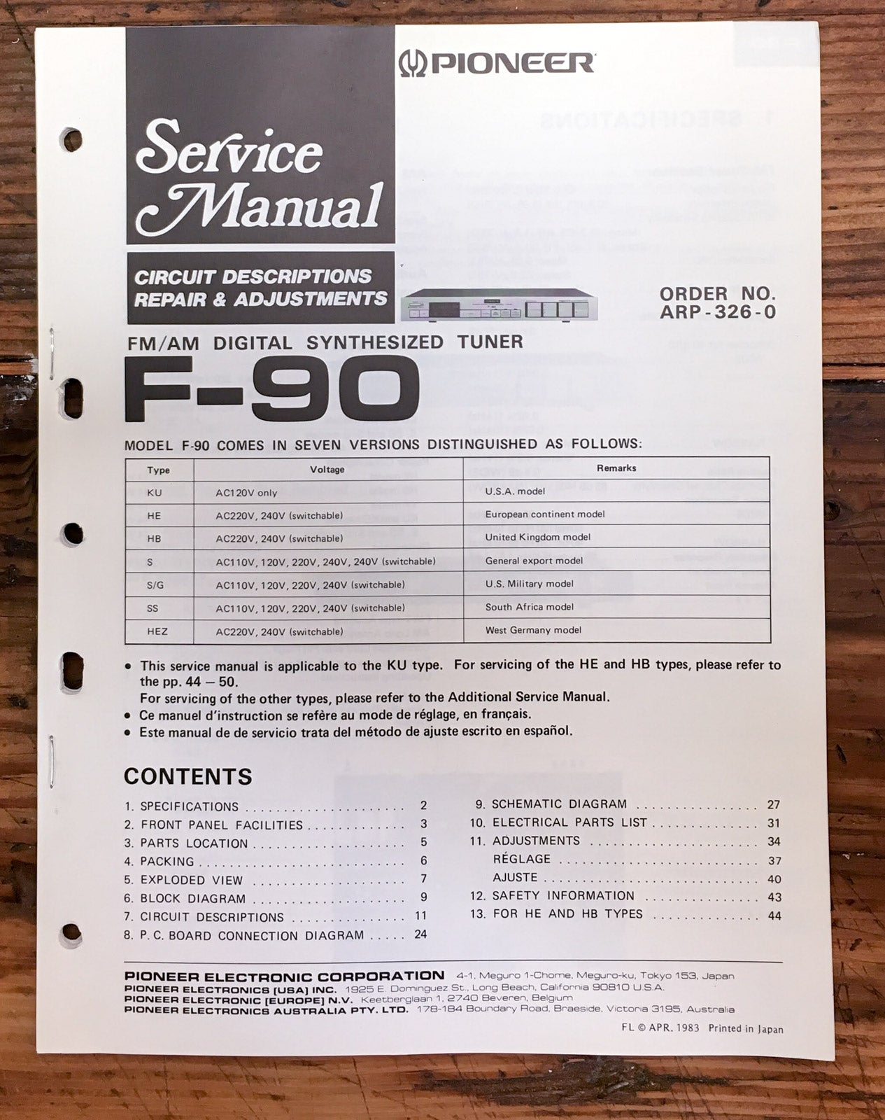 Pioneer F-90 Tuner  Service Manual *Original*