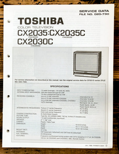 Toshiba CX2035 CX2035C CX2030C TV Television Service Manual *Original*