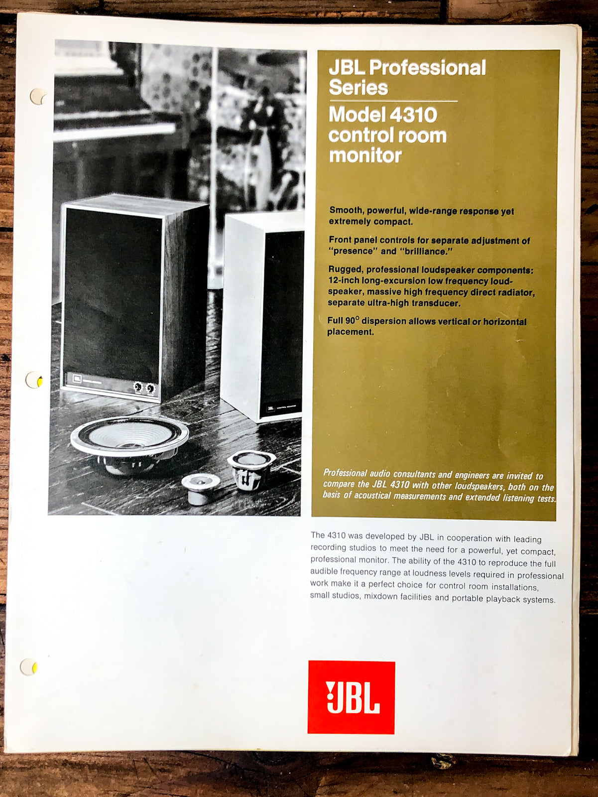 JBL Model 4310 Speaker 3 pg Foldout Dealer Brochure *Orig*