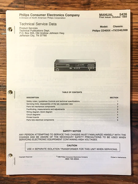 Philips CD40 CD-40 CD Player  Service Manual *Original*