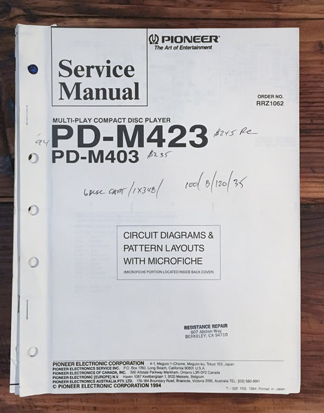 Pioneer PD-M423 PD-M403 CD Player 1 Service Manual *Original*